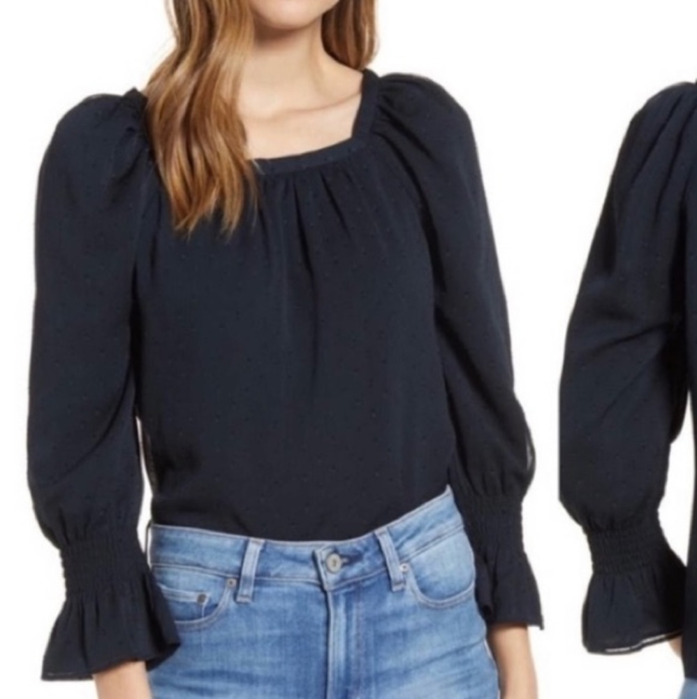 RACHEL PARCELL RP Black Swiss POLKA Dot Blouse Peasant Puff Long Sleeve Feminine